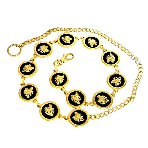Vintage NI 98 Gold-Tone Enamel Jaguar Cheetah Cat Chain Belt 26”42” Rare HTF